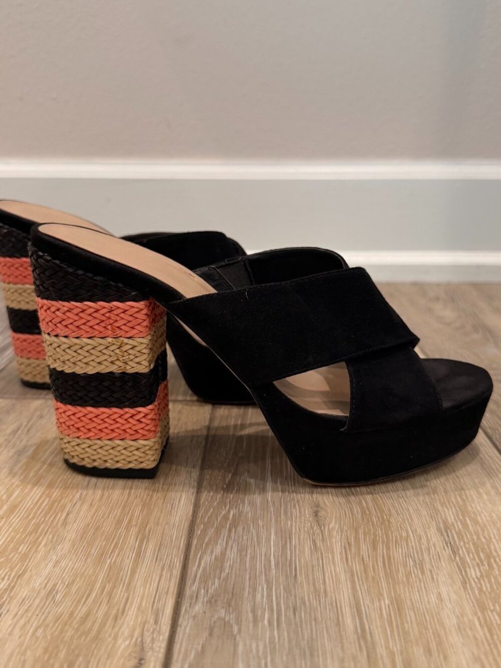 MIX No. 6 Black Suede Platform Mules Striped Woven Block Heel Size 7